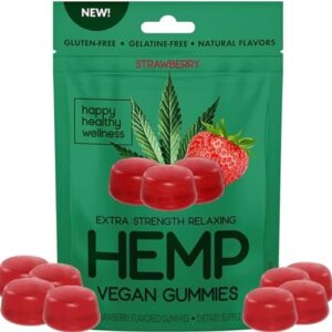 Happy Healthy Wellness Vegan Hemp Gummies Hemp Gummies for Calming, Relaxing, Uplifting, Relief – Help You Sleep Better – Gelatine & Gluten Free Strawberry Flavor (30 Count) Made in USA for Adults
