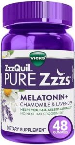 ZzzQuil Pure Zzzs Melatonin Sleep Aid Gummies, Helps You Fall Asleep Naturally, Wildberry Vanilla Flavored, Chamomile Lavender & Valerian Root, 1mg per Gummy, 48 Count