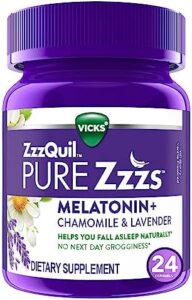 ZzzQuil PURE Zzzs Melatonin Sleep Aid Gummies, Helps You Fall Asleep Naturally, Wildberry Vanilla Flavor, Chamomile Lavender & Valerian Root, 1mg per gummy, 24 Count